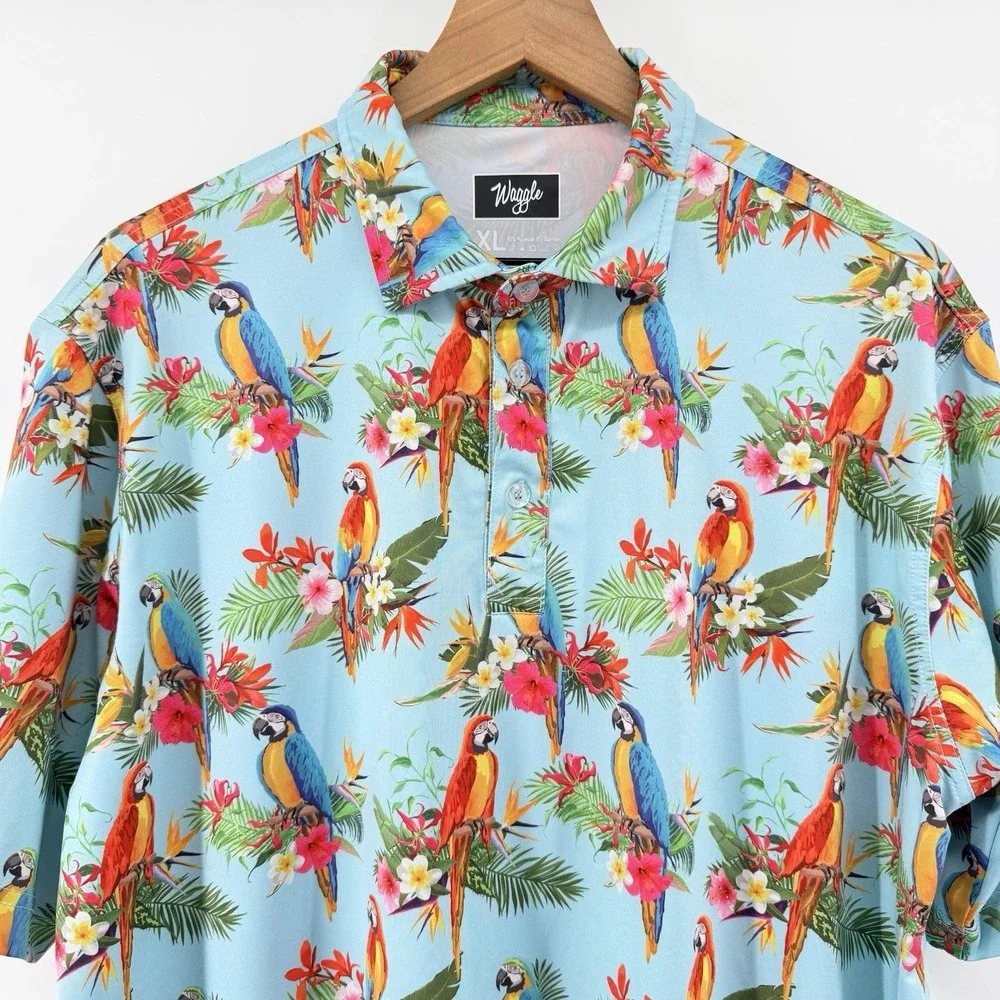 Waggle Polo Shirt Mens XL Blue Parrots Floral Print Stretch Performance Golf - Picture 4 of 9